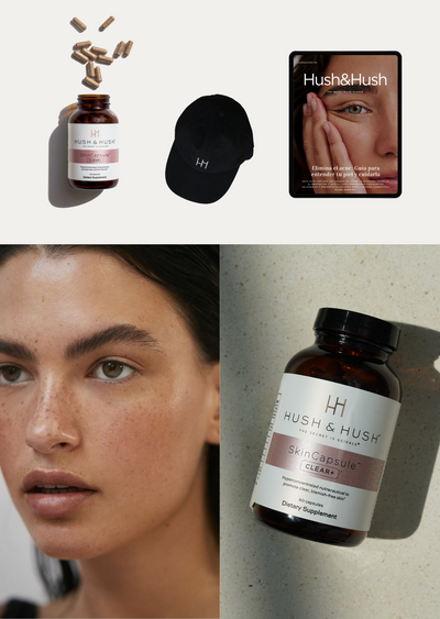 Welcome Pack Acné de Hush and Hush con SkinCapsule CLEAR+ y cosmética complementaria